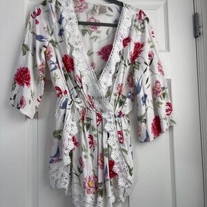 Floral Lace Trim Wrap Romper